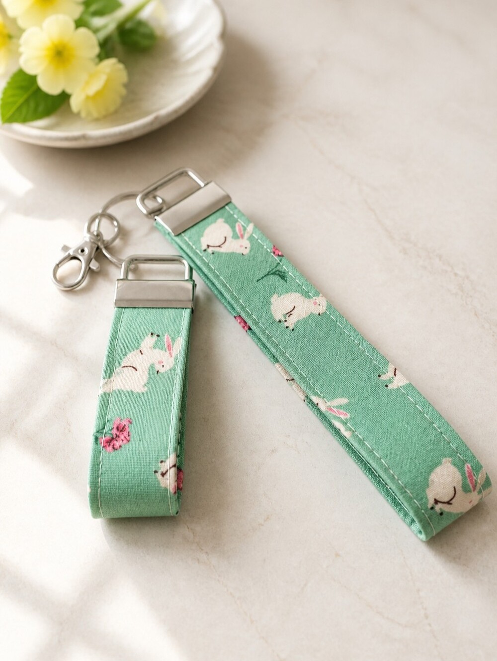 Cute Bunny Key Fob Holder Set Of 2 with Silver Hardware New!